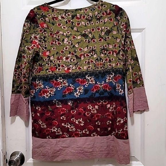 GRACILA WOMEN'S BLOUSE V NECK BOHO PEASANT PLEATED DETAIL FLORAL 3/4 SLEEVE SZ M - Picture 4 of 7